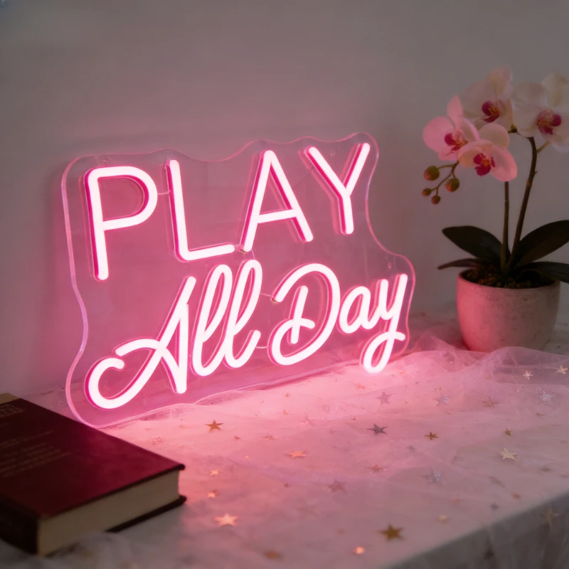 

Play All Day Neon Sign LED USB Rechargeable Night Light Aesthetic Wall Art Decor for KidRoom Game Room Bedroom Playroom Nursery