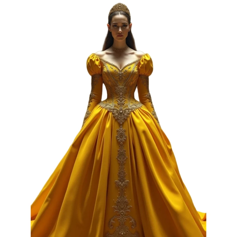 ชุดราตรีงานพรอมสีเหลืองสไตล์วินเทจยุคสมัยวิคตอเรีย แขนยาวพอง แต่งลูกไม้ ประดับลูกปัด ทรงเจ้าหญิง ชุดราตรีออกงานสั่งตัดได้