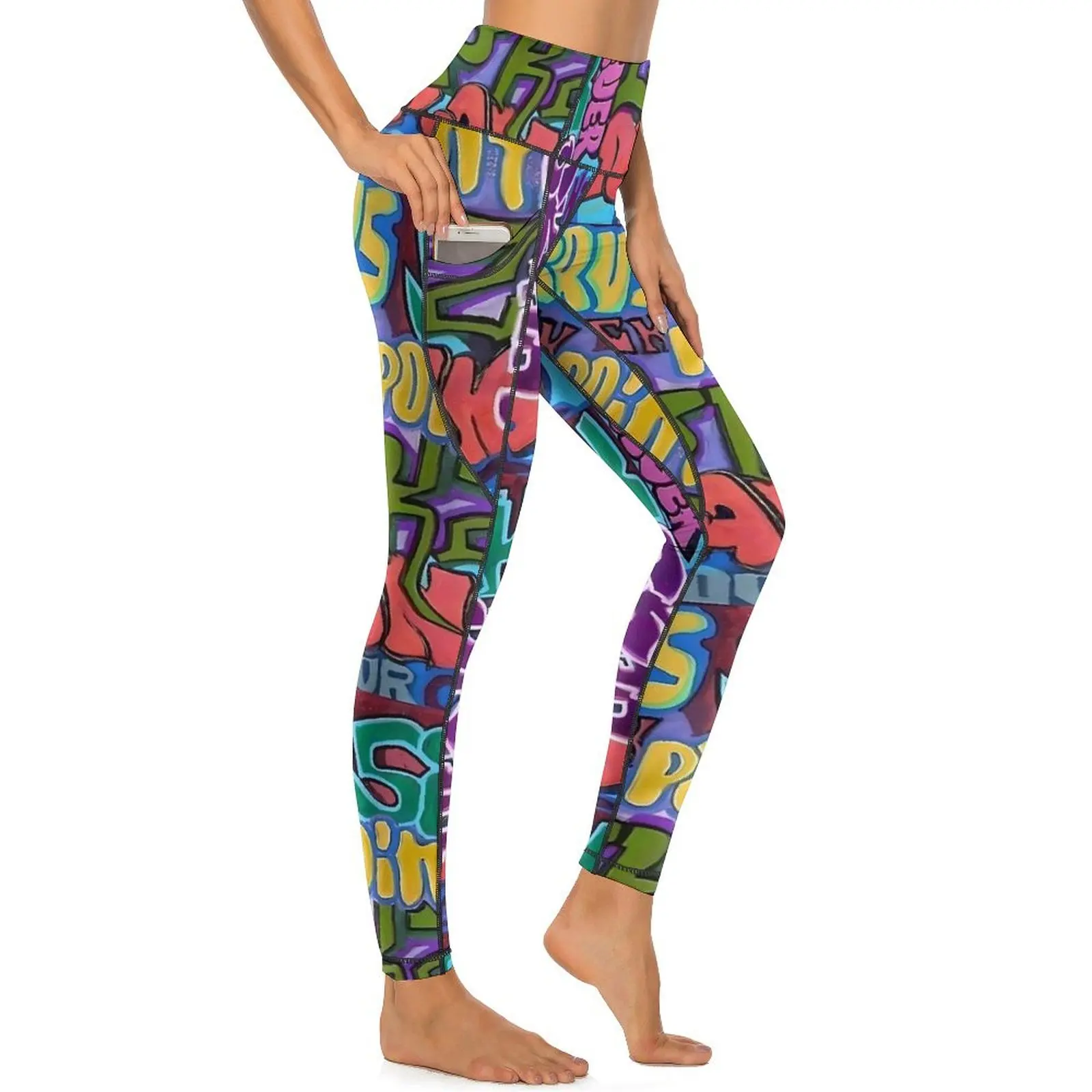 Graffiti leggings sexy carta impressão correndo calças de yoga push up elástico calças esportivas com bolsos kawaii gráfico leggins