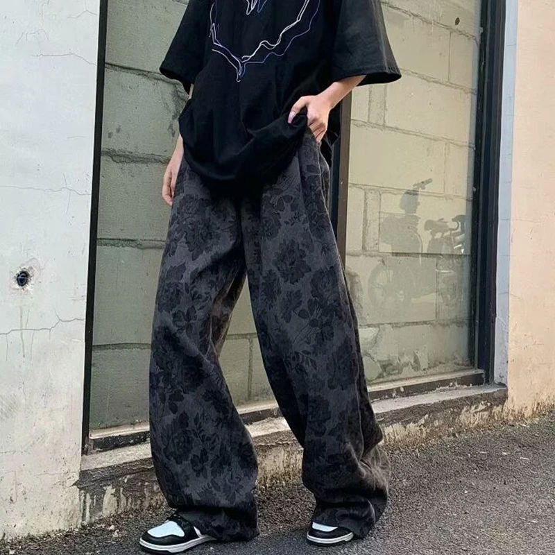 스트리트웨어 코듀로이 여성 바지 빈티지 플로럴 루즈 캐주얼 하이웨이스트 트라우저 가을 힙합 핫티 스트레이트 와이드 레그 팬츠