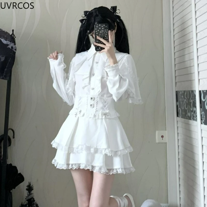 اليابانية Y2k الجمالية لوليتا نمط القوس تنورة مجموعة المرأة القوطية الدانتيل شال قميص كشكش التنانير الصغيرة ثوب Faldas الحلو لوليتا دعوى