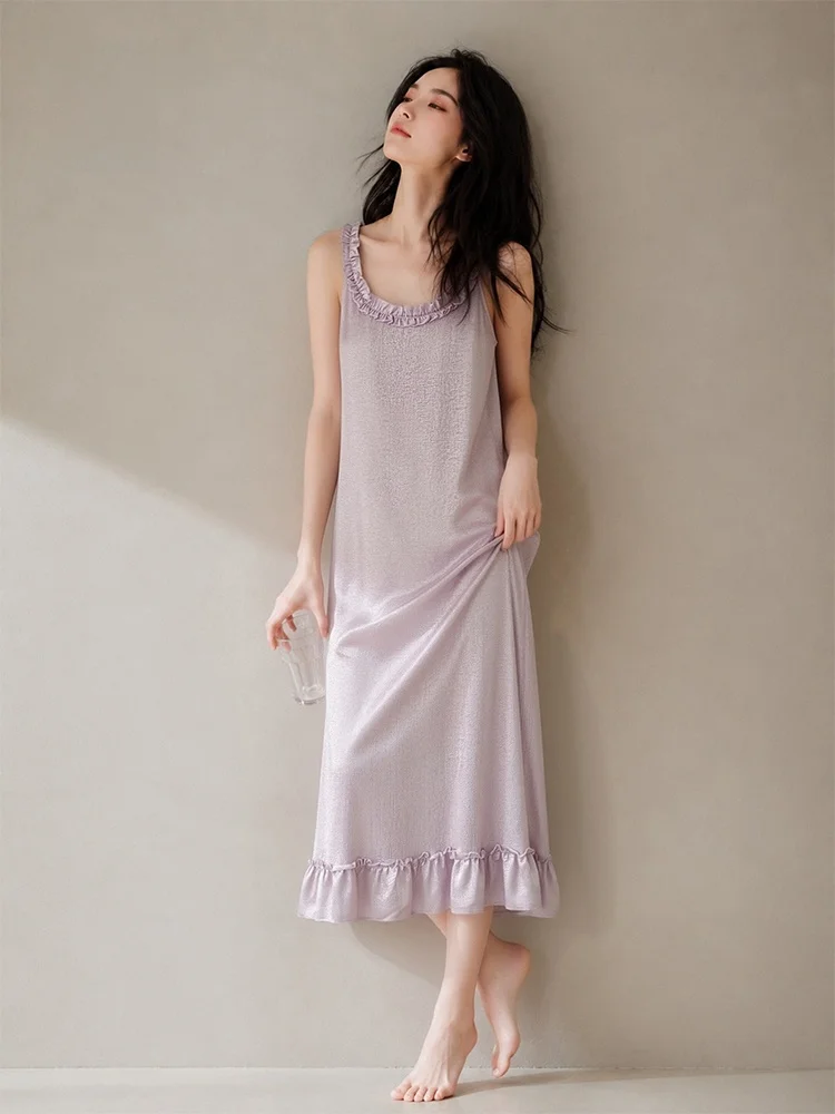 Pure Desire Style Ice Silk Nightgown Women's Summer Strap Home Clothes Can Be Worn outside Comfortable Loose Fit Long Dress