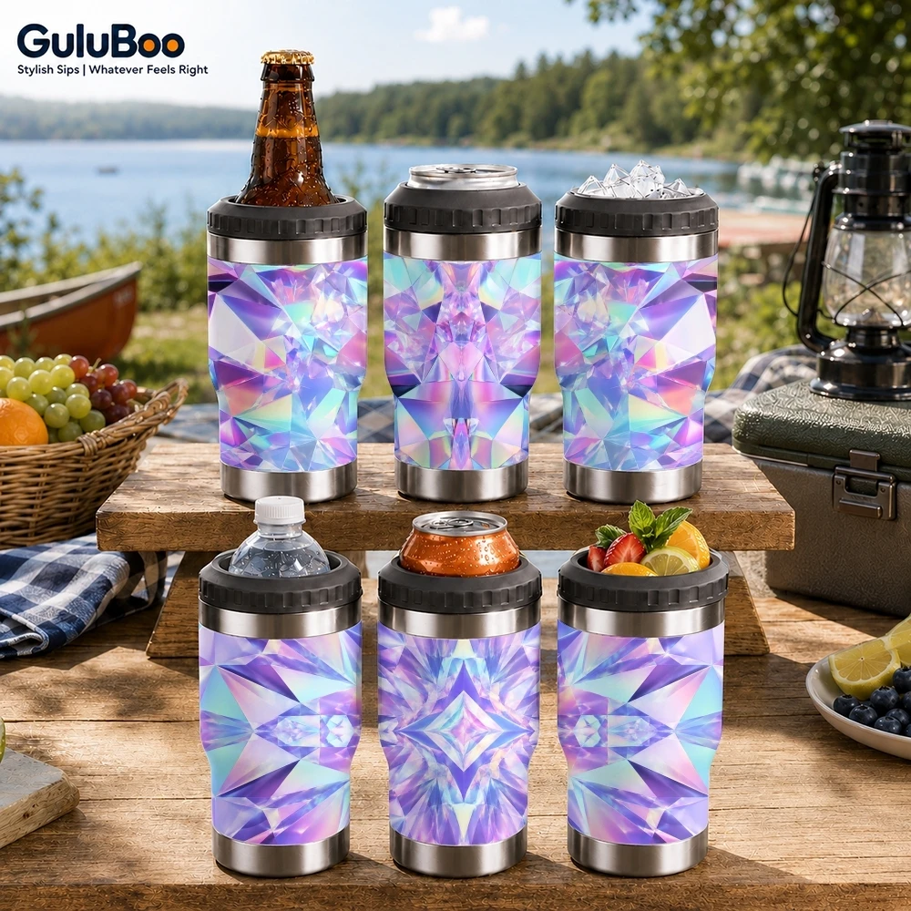 Colorful crystal patterns Vacuum Flasks 4-in-1 Versatile Cooler: One Cup, Total Freedom from Brews to Beer