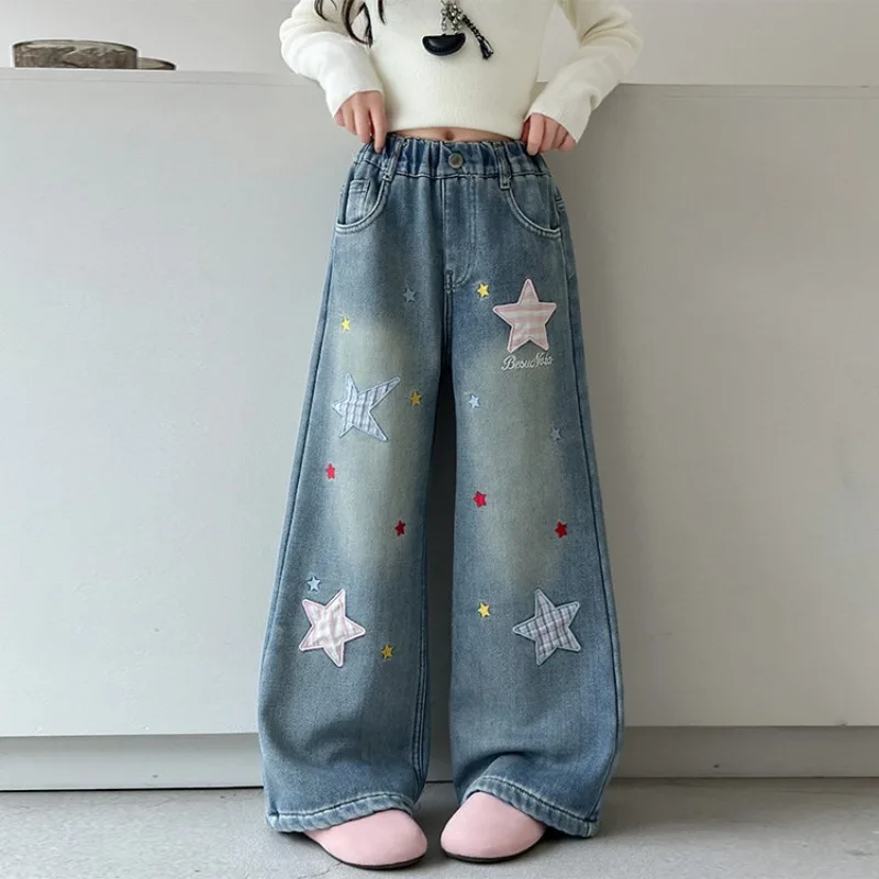 2026 Girls Loose Wide-leg Jeans Trousers Children Colorful Star Embroidery Straight Denim Pants Spring Autumn Casual Clothing