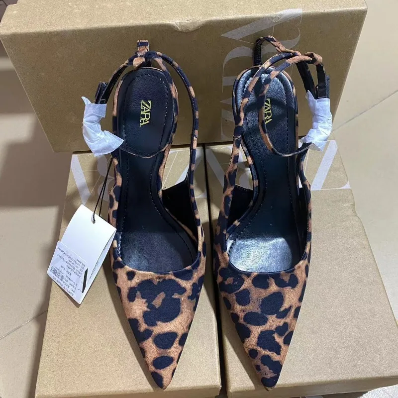

Women High Heel High Quality Sexy Temperament Senior Sense Fine Heel Sandal Pointed Satin Leopard Print Stiletto Sandalias Mujer