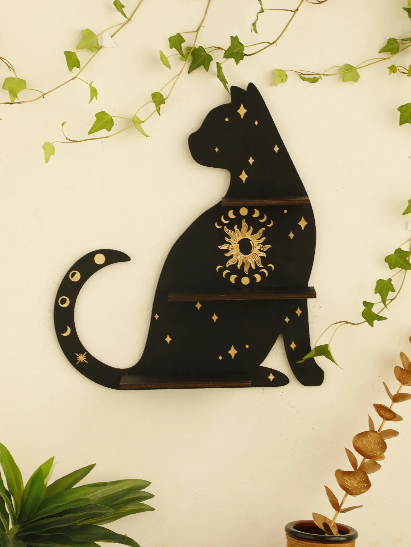 Wooden Shelf 1/2-Tier Moon Phase Black Cat Wall Shelves Crystal Display Stand Essential Oil Rack Ledge Gothic Home Decor Gifts