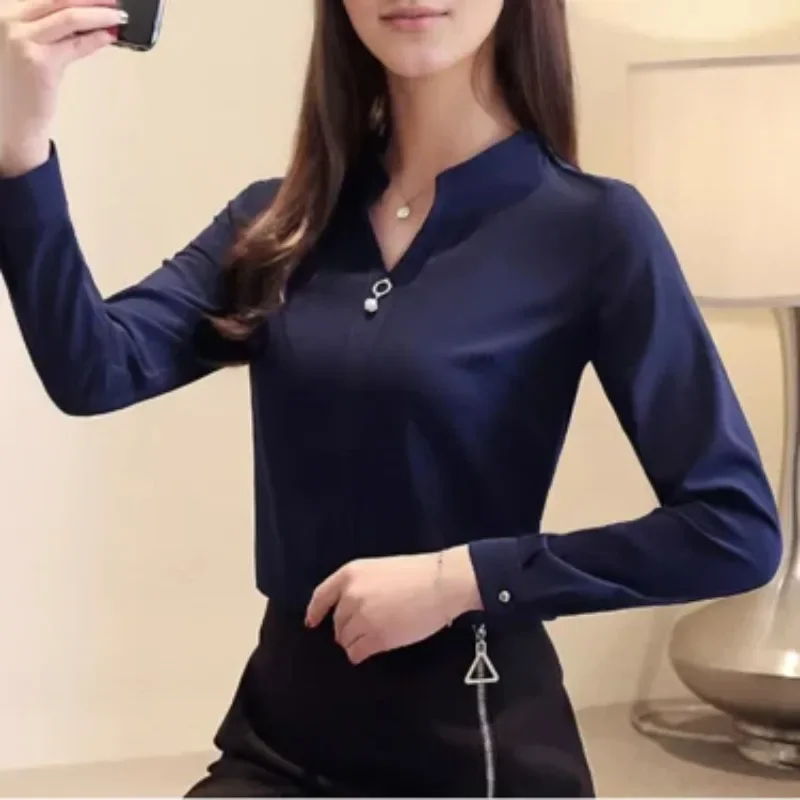 Fashion V Neck Chiffon Women\'s Shirts Elegant Long Sleeve White Women Blouse Office Tops Blue Female Clothing