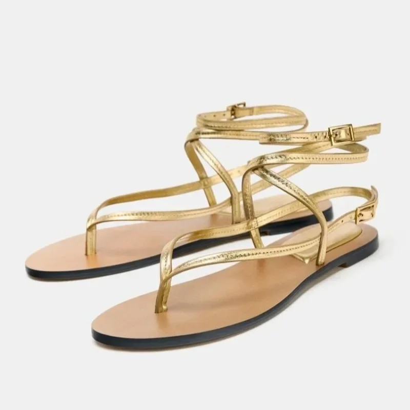 

Luxury Gold Ankle Strap Flat Sandals Women Fashion Cross Designer Comfortable Beach Shoes Lightweight Non Slip Summer Sandalias