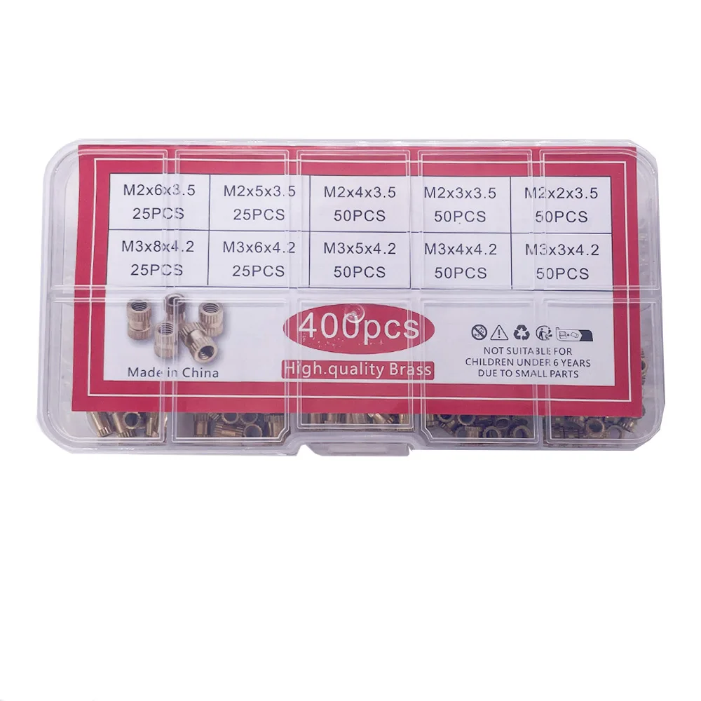 400pcs Injection Molding Knurl Insert Nut Embedded Nutsert Assortment Kit Set 10 Mix Size M2 M3  Solid Brass Copper