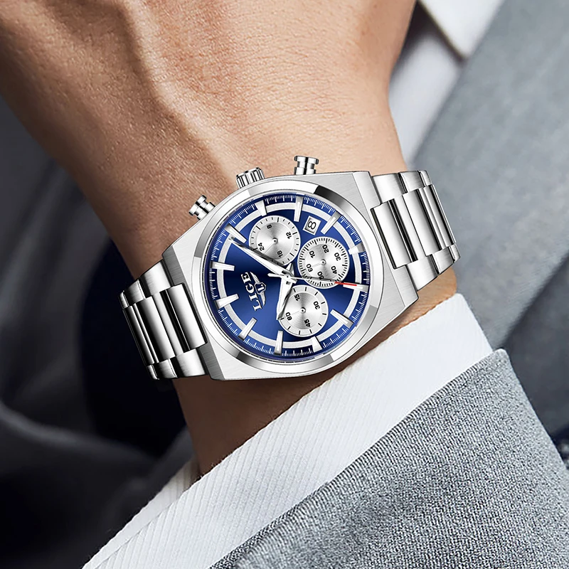 

2025 LIGE Brand New Luxury Men's Watch Fashion Business Quartz Wristwatches Waterproof Chronograph Steel Strap Watches Men Reloj