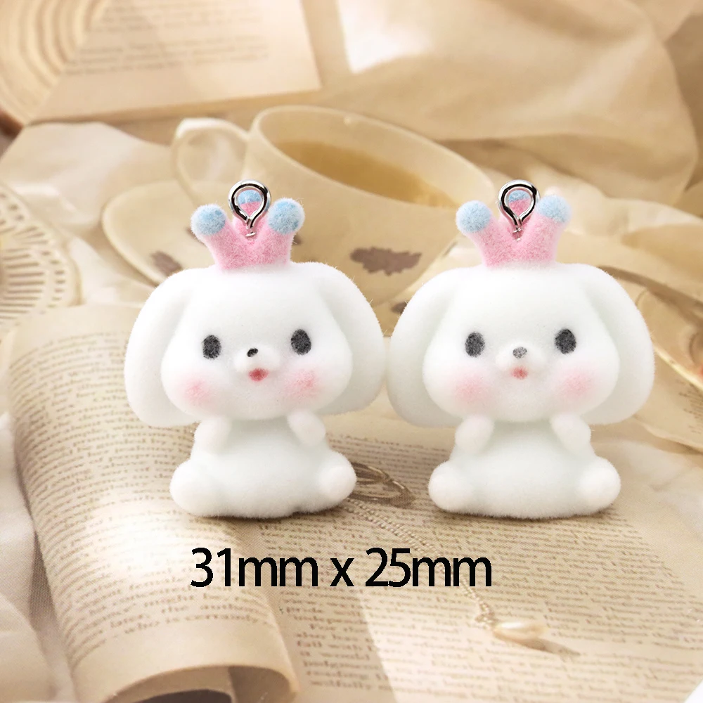 20pcs 3D Flocking Resin Crown Rabbit Charms Suffed Animal Doll Bunny Drumming Pendant for Keychain Earrings Making DIY Wholesale