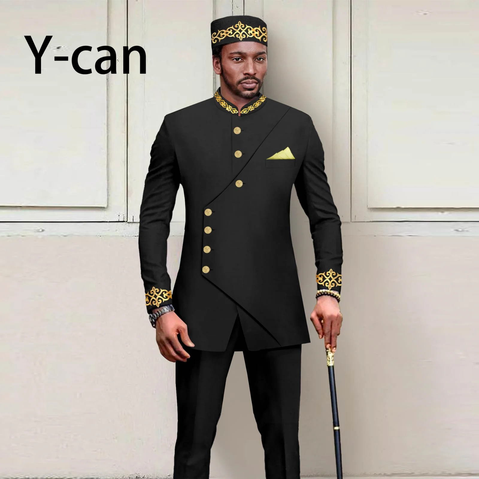 African Clothes for Men 2023 New Fashion Soild 3 PCS Set Dashiki Pure Jacket and Trousers Match Muslim Embroidery Caps A2316051