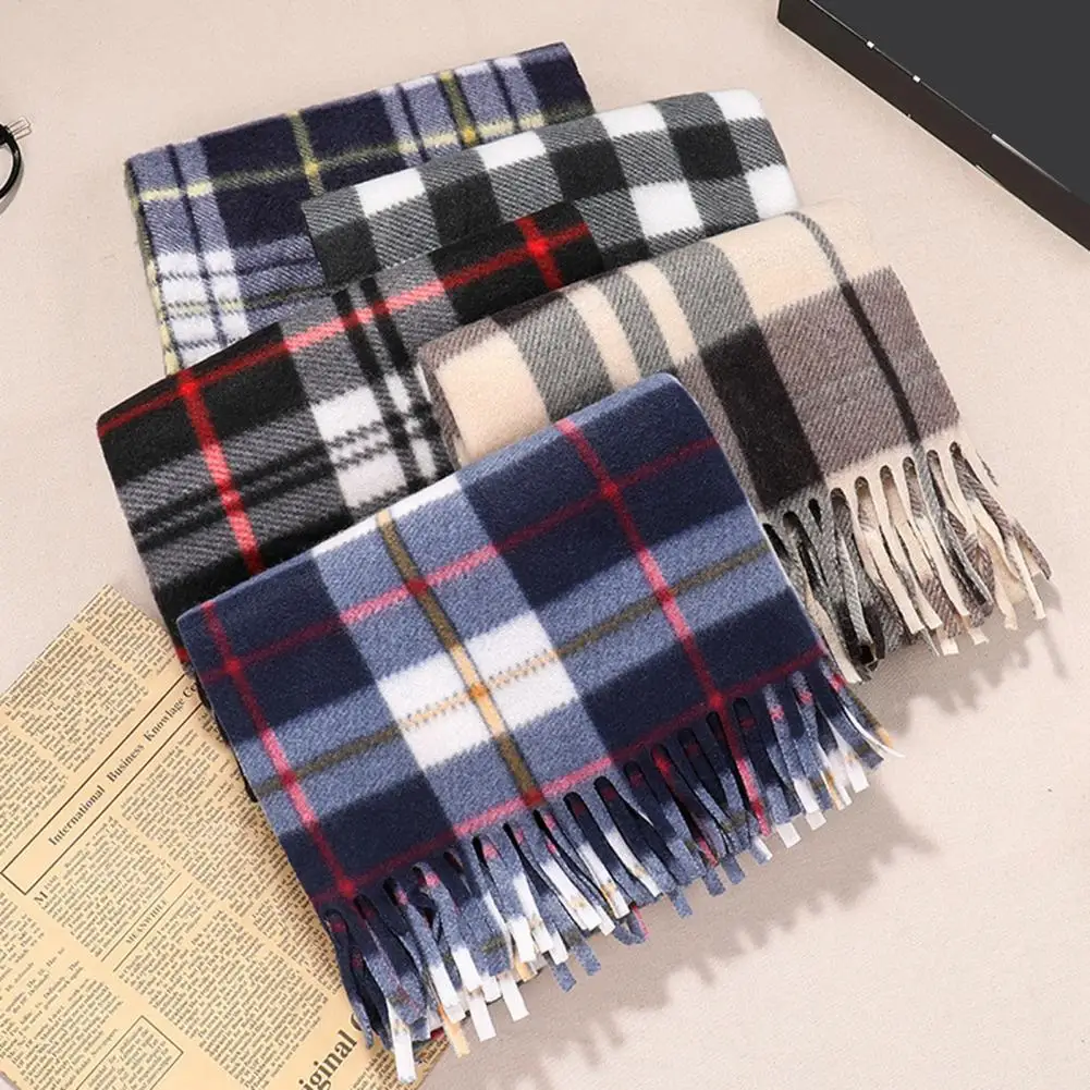 

Gift Scarf Soft Scarf Plaid Print Double-sided Velvet Scarf with Tassel Decoration Autumn Winter Fashion Accessory for Warmth