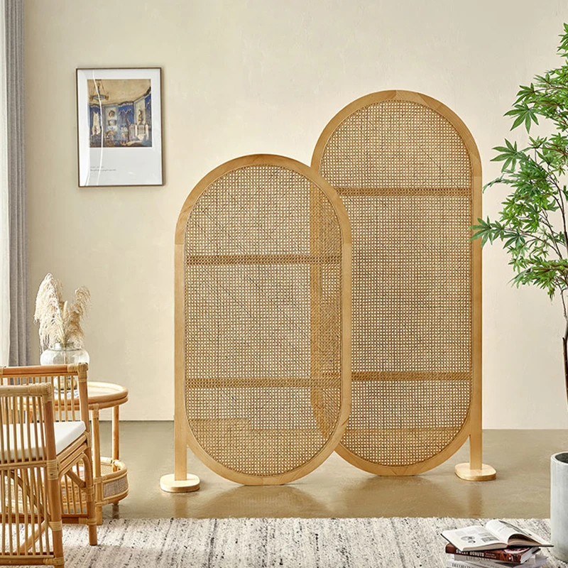 Japanese-style solid wood rattan screen household home floor-to-ceiling movable seat screen B & B hotel entrance design partitio