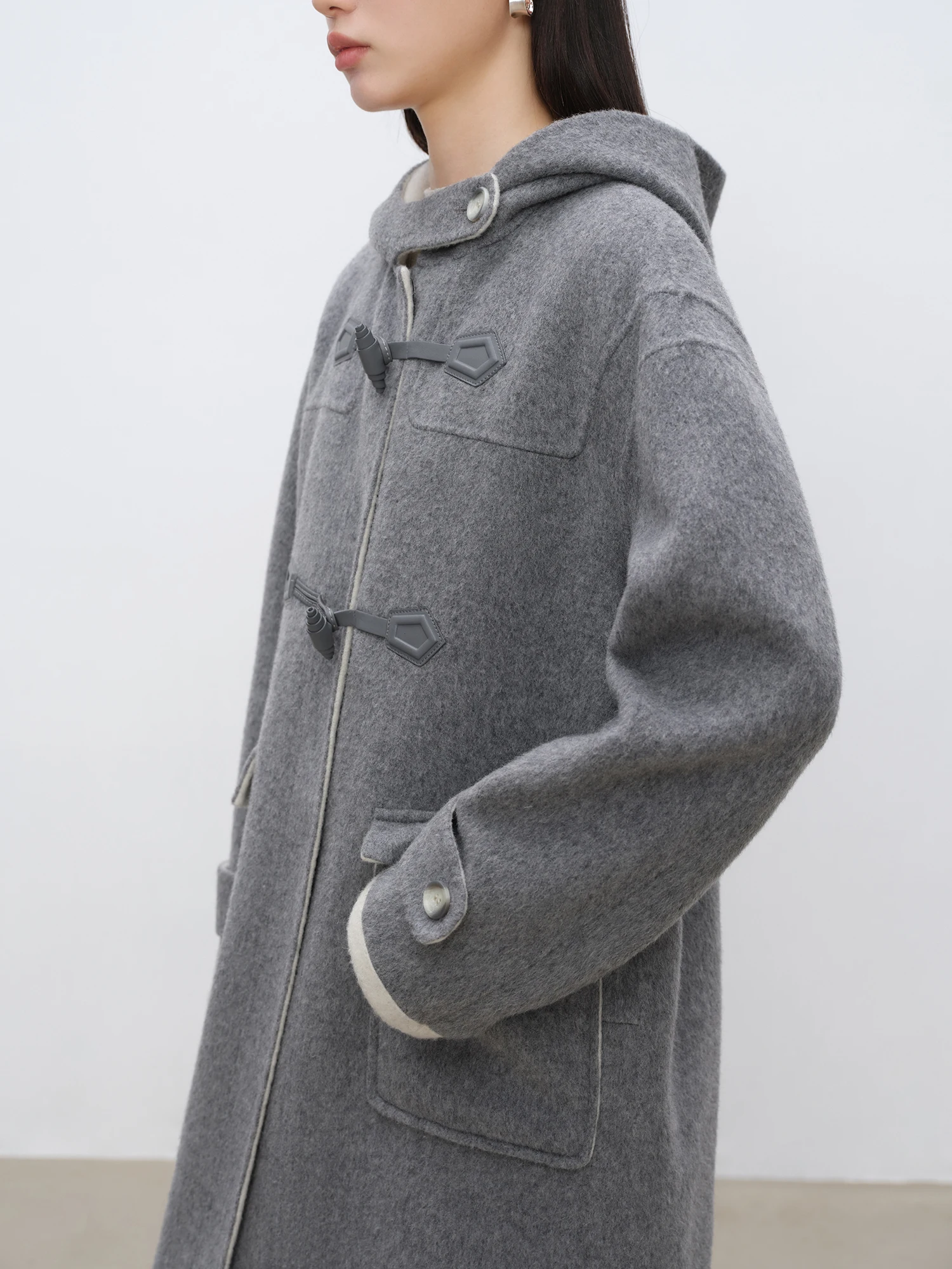 ZIQIAO Petite Size Grey Korean Horn Buttoned Wool Coat Women's Double-sided Woolen Coat 2024 Winter New Woolen Coat 24ZQ94318