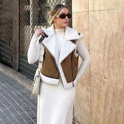 2024 Fashion Elegant Women Thickening Warm Zip Waistcoats Coat Female Faux Leather Lambswool Patchwork Sleeveless Casual Vest