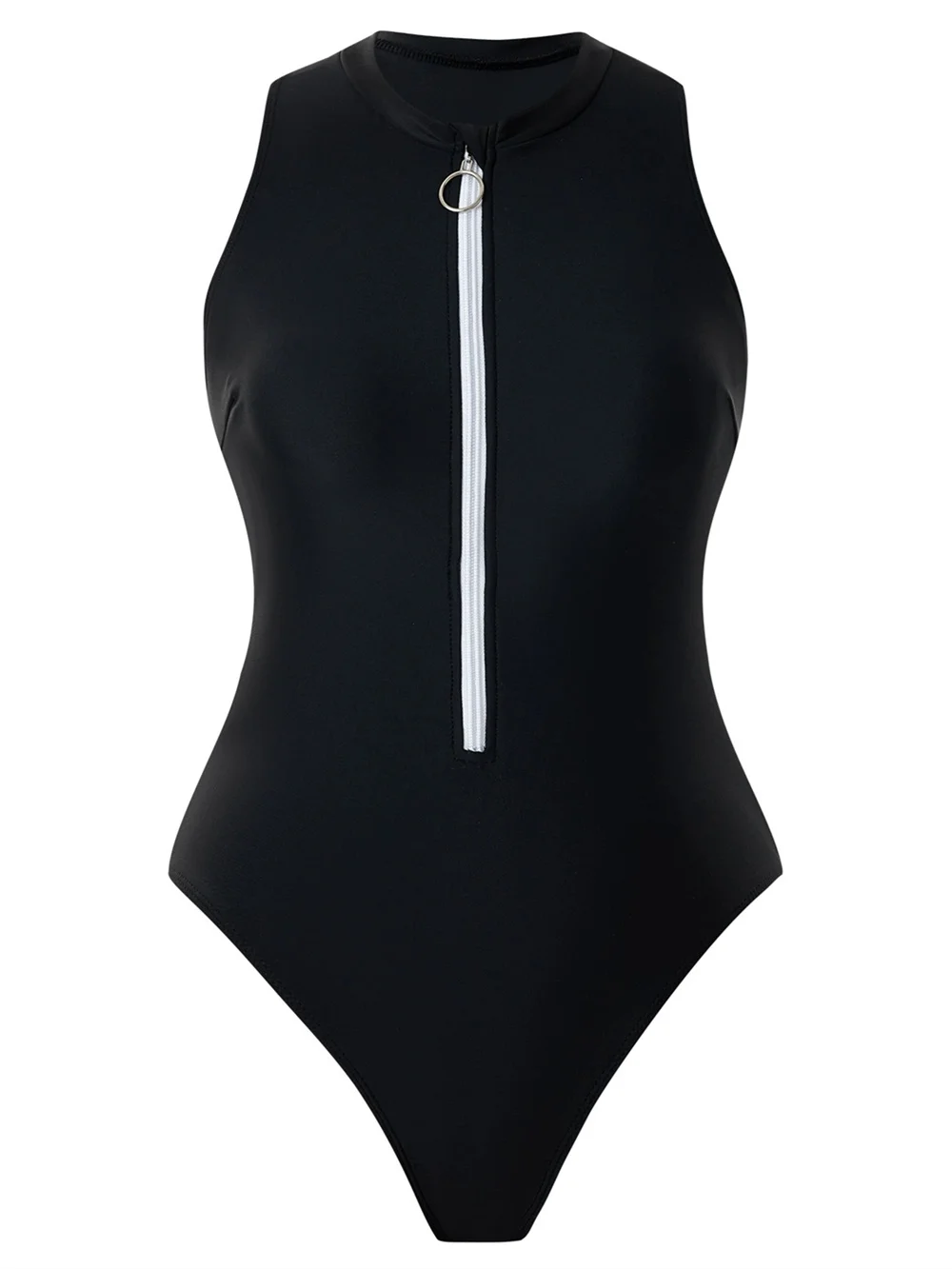 Retro Beach Zipper Bikini Black Swimsuit Women Crew Neck High Leg 1-piece Sportswear Brazil Surfing Swimming Outfit Bikinis Sets