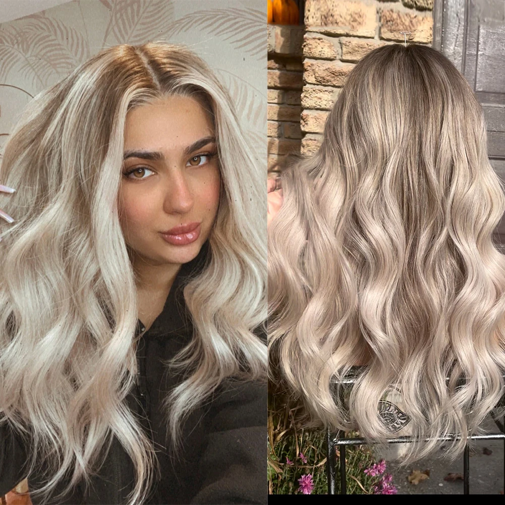

Highlight Ash Blonde Lace Front Wigs Long Wavy Synthetic Baby Hair Wig 13X4 Frontal Lace Wigs For Women Hair Loss Heat Friendly