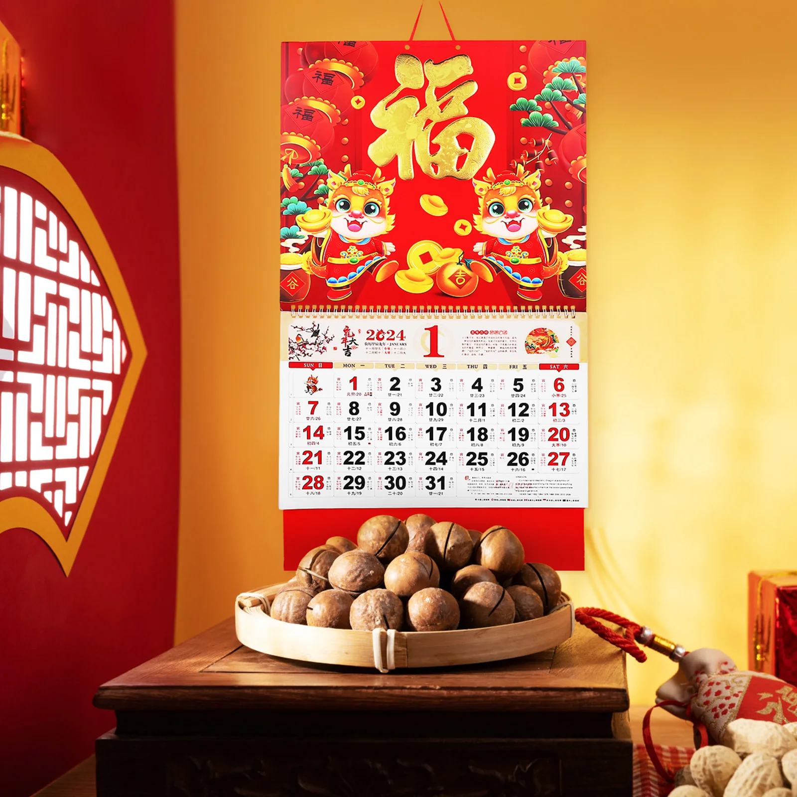 

2pcs Golden Dragon Calendar 2024 Auspicious Wall Hanging Home Decor Lunar Year Paper Schedule Traditions Chinese Style