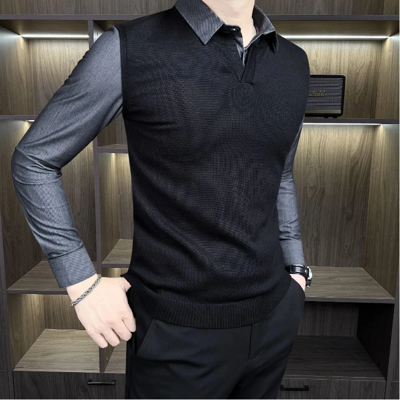 

Korean Casual Men Fake Two Pieces Polo Shirts New Sping Autumn Lapel Temperament Fashion Office Social Loog Sleeve Slim Tops