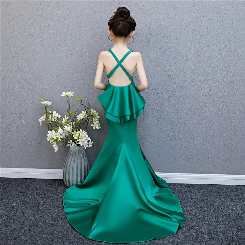 Mermaid Princess Dress Backless Long Tailing Hanging Neck Kids Pageant Dress for Birthday Party Halter Bodycon Girl Evening Gown