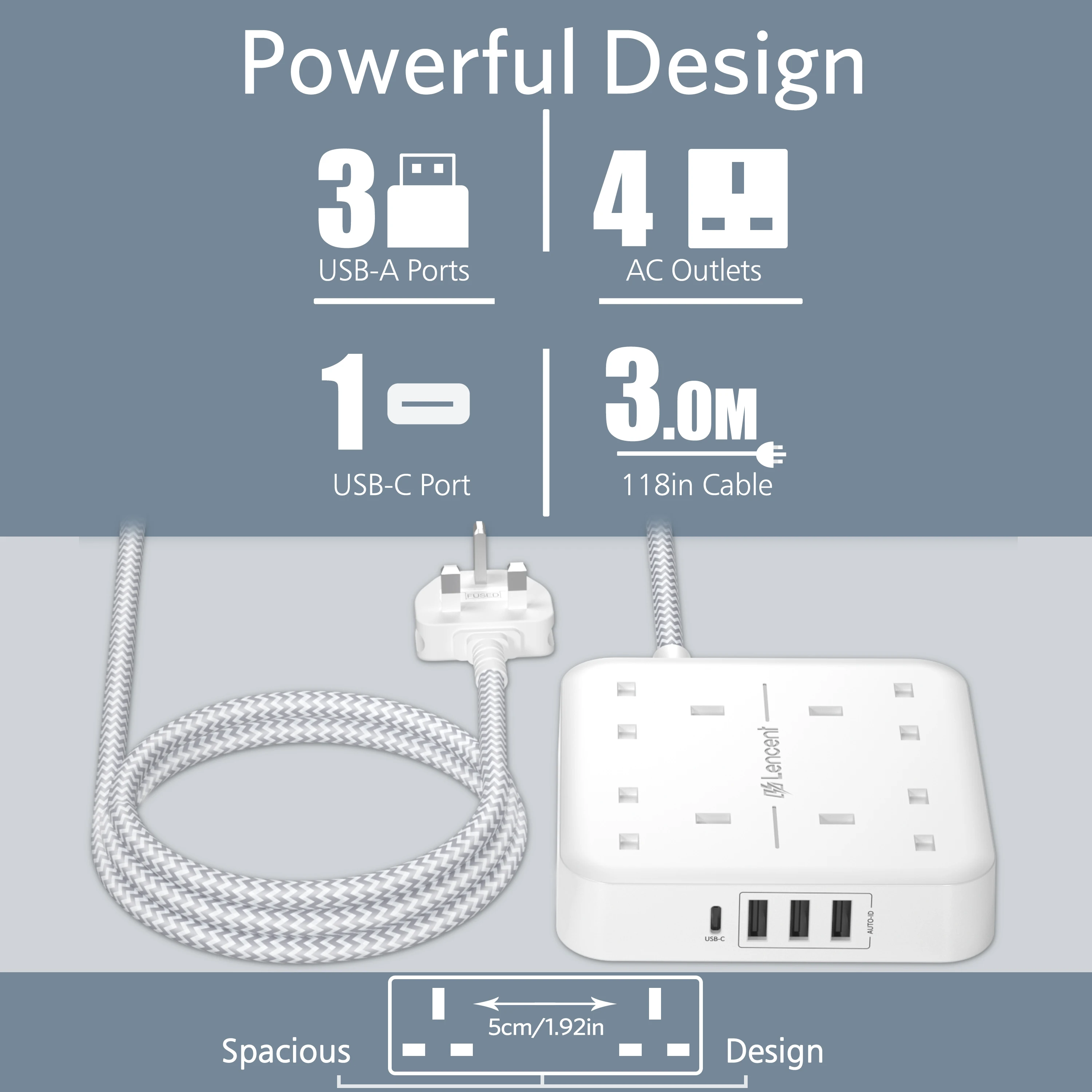 LENCENT UK Power Strip with 4 AC Outlets 3 USB 1Type C Multi Power Plug Extension with 3M Braided Extension Cord for Home Office