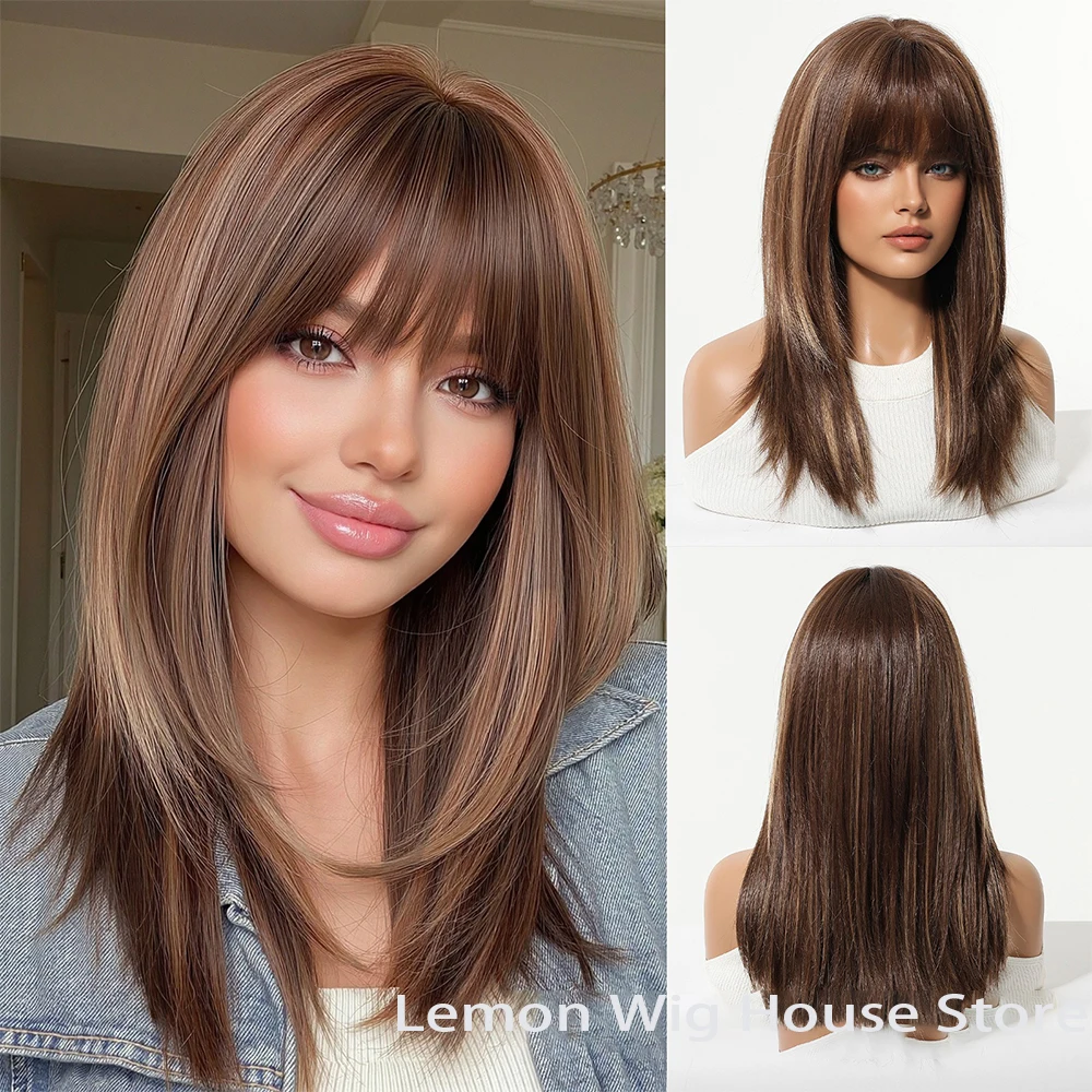Warm Brown Synthetic Wig with Bangs Medium Long Straight Hair Natural Layered Wigs for Women Daily Party Wig Heat Resistant