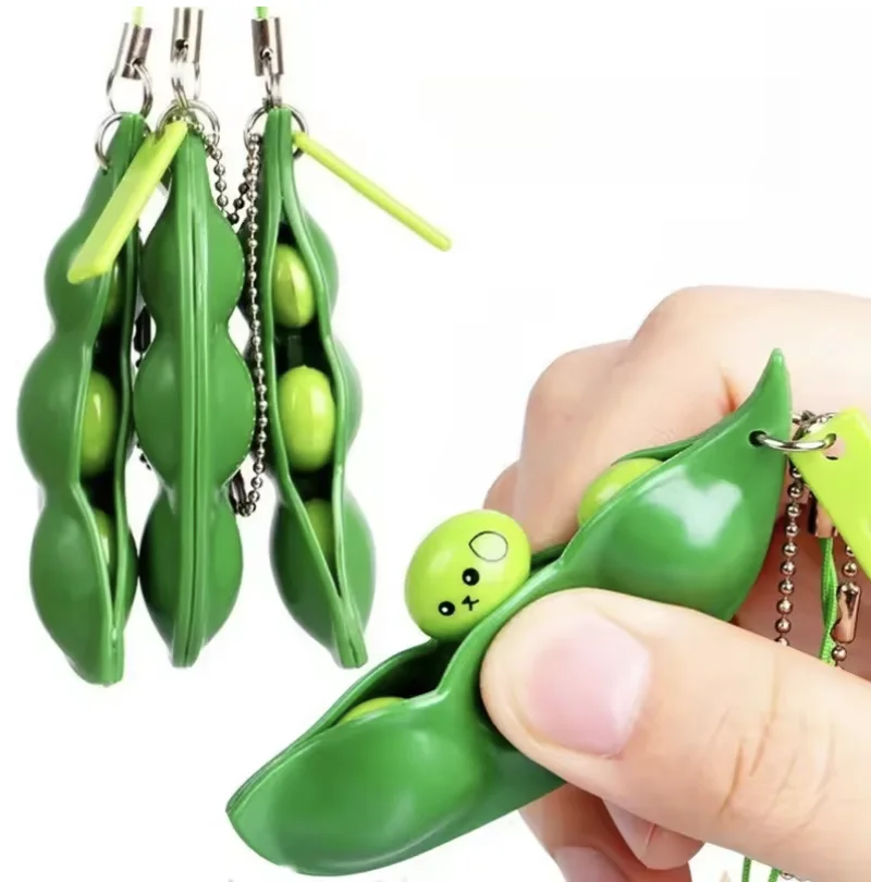 Paquete de 5 Juguetes Fidget Portachiavi de Descompresión, Juguetes Blandos de Edamame para Apretar, Llavero de Frijoles, Lindo Juguete Antiestrés para Adultos