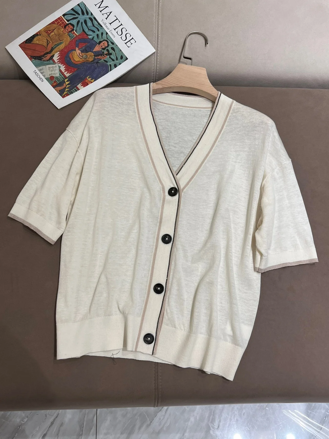 Exquisite spring summer new solid silk linen V-neck short sleeved cardigan