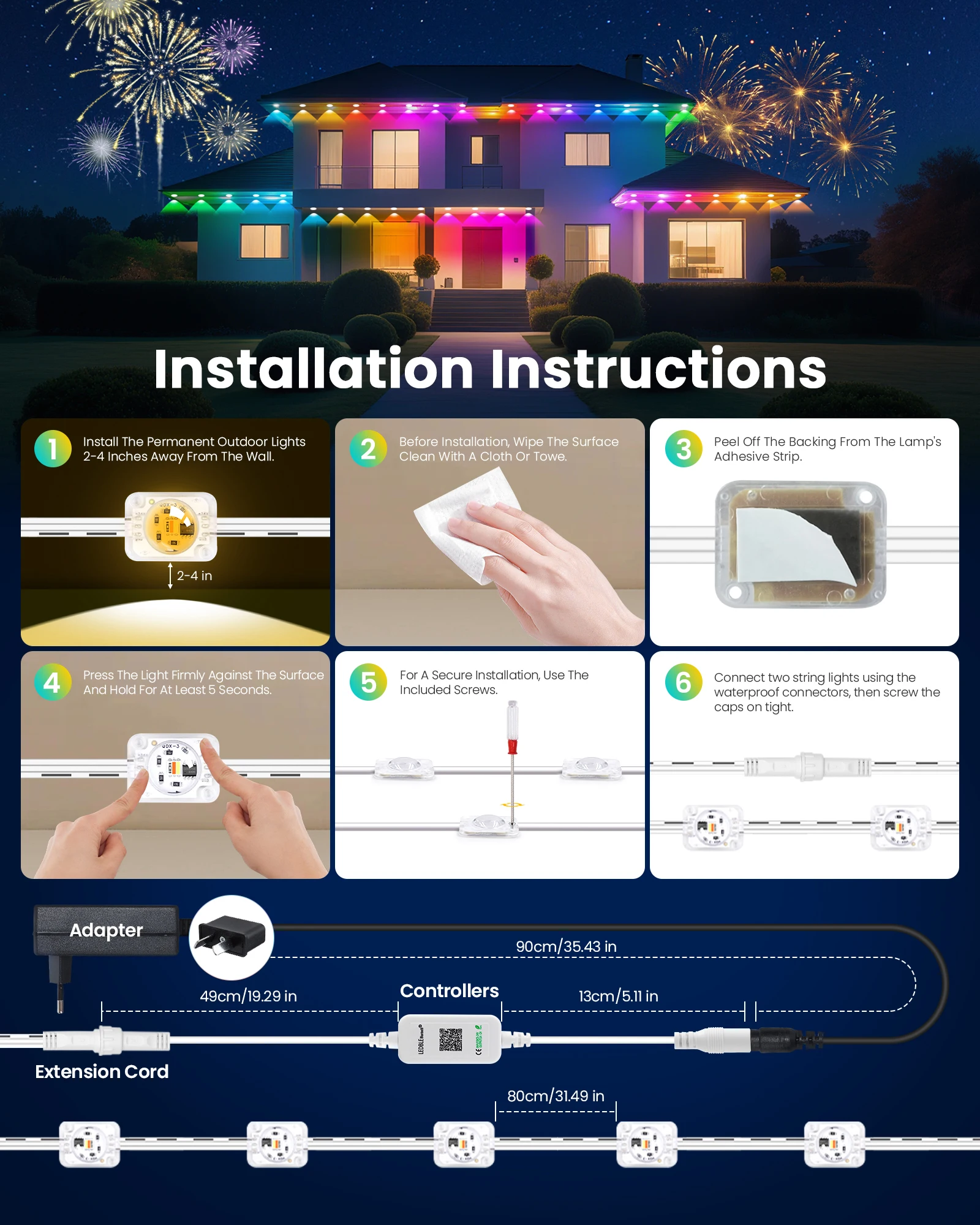 RGBCCT الدائم في الهواء الطلق الطنف مصباح ليد مقاوم للماء 18 36 54 72LED بلوتوث APP عدة RGB سلسلة ضوء عيد الميلاد الزفاف الإضاءة #4