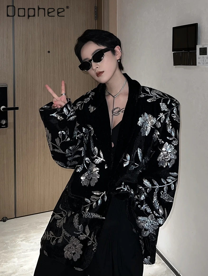 Street Personality Glitter Sequins Velvet Blazer Fashion Long Sleeve Heavy Industry Vintage Print Cross Neck Oversized Blazers
