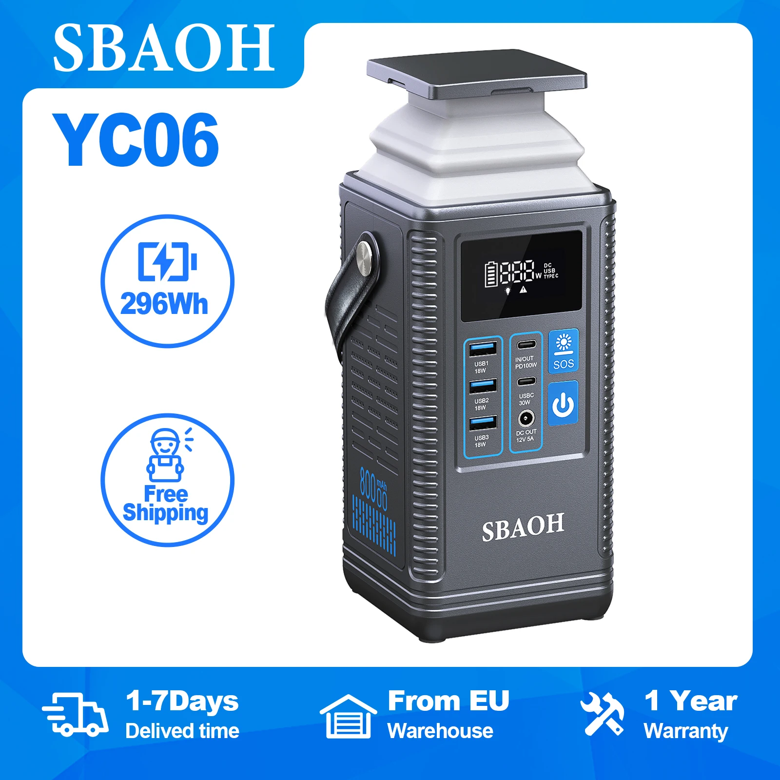 Centrale �lectrique Portable 80000mAh, g�n�rateur solaire � batterie au Lithium 296Wh, sortie PD USB-C 100W avec �clairage r�tractable, batterie externe