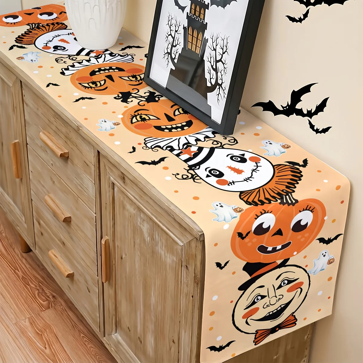 Light Orange Polka Dot Halloween Table Runner, Cartoon Smiling Pumpkin Scarecrow Black Cat Ghost Bat Pattern, Durable Polyester