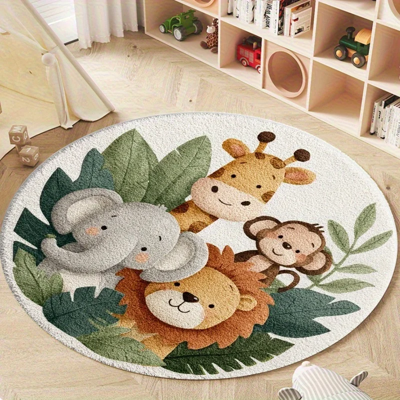 VIKAMA Cartoon Jungle Animal Round Carpet, Cute Kids' Room Floor Mat, Non-slip Soft Playroom Nursery Carpet, Home Decoration