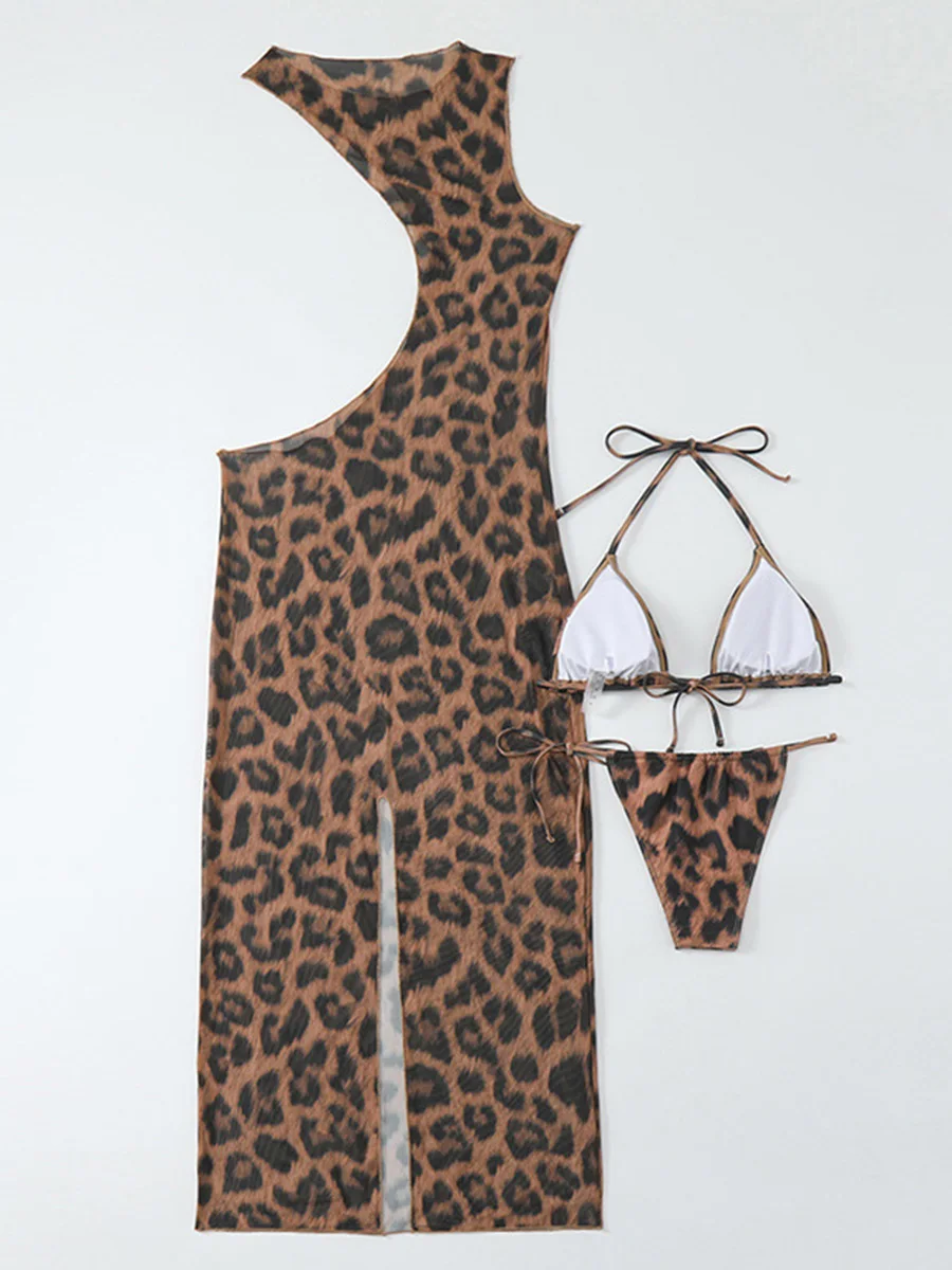 Halter Leopard plażowy narzutka na Bikini damski strój kąpielowy damski strój kąpielowy trzyczęściowy zestaw Bikini Mini mikro kostium kąpielowy