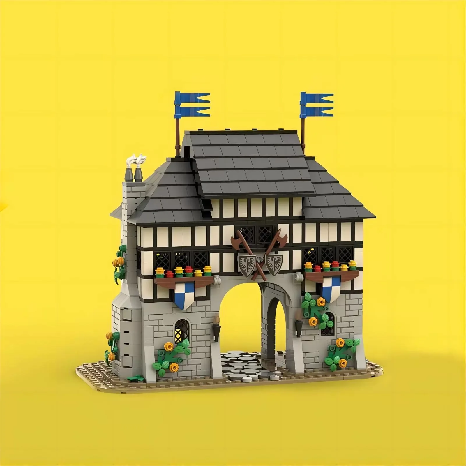 

MOC Medieval Scene Black Falcon Castle Architectural Model Axe Shield Assembly Block Children's Toy Gift