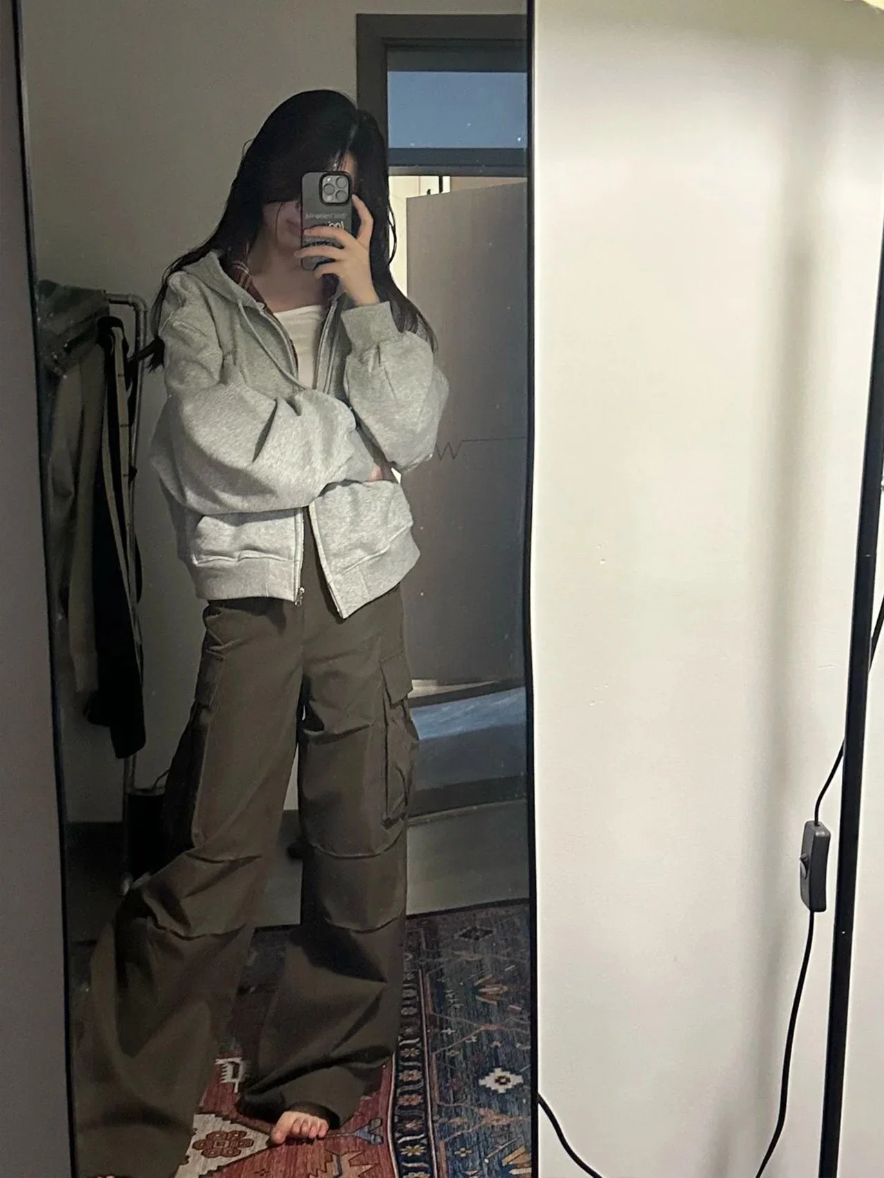 Gray Hoodie Women Autumn Winter Contrast Color Plaid Cloth Short Long sleeve Zip-up Cardigan Outewear Loose Top Zip Up Hoodle