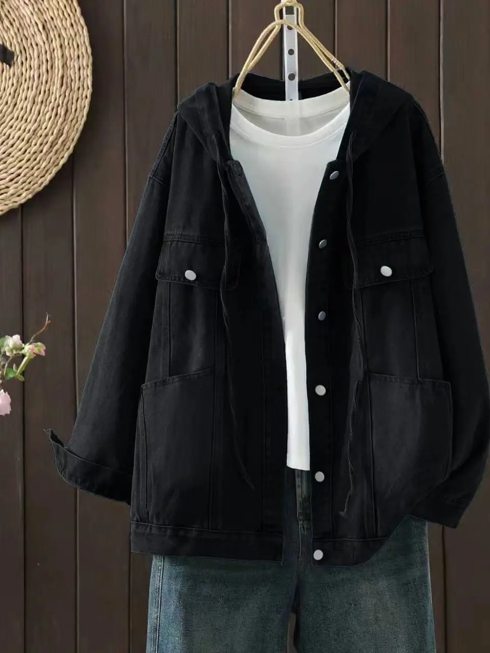 

Свободная повседневная женская джинсовая куртка с капюшоном, тонкая, весенне-осенняя, модная верхняя одежда, классическая синяя, длинная, на пуговицах