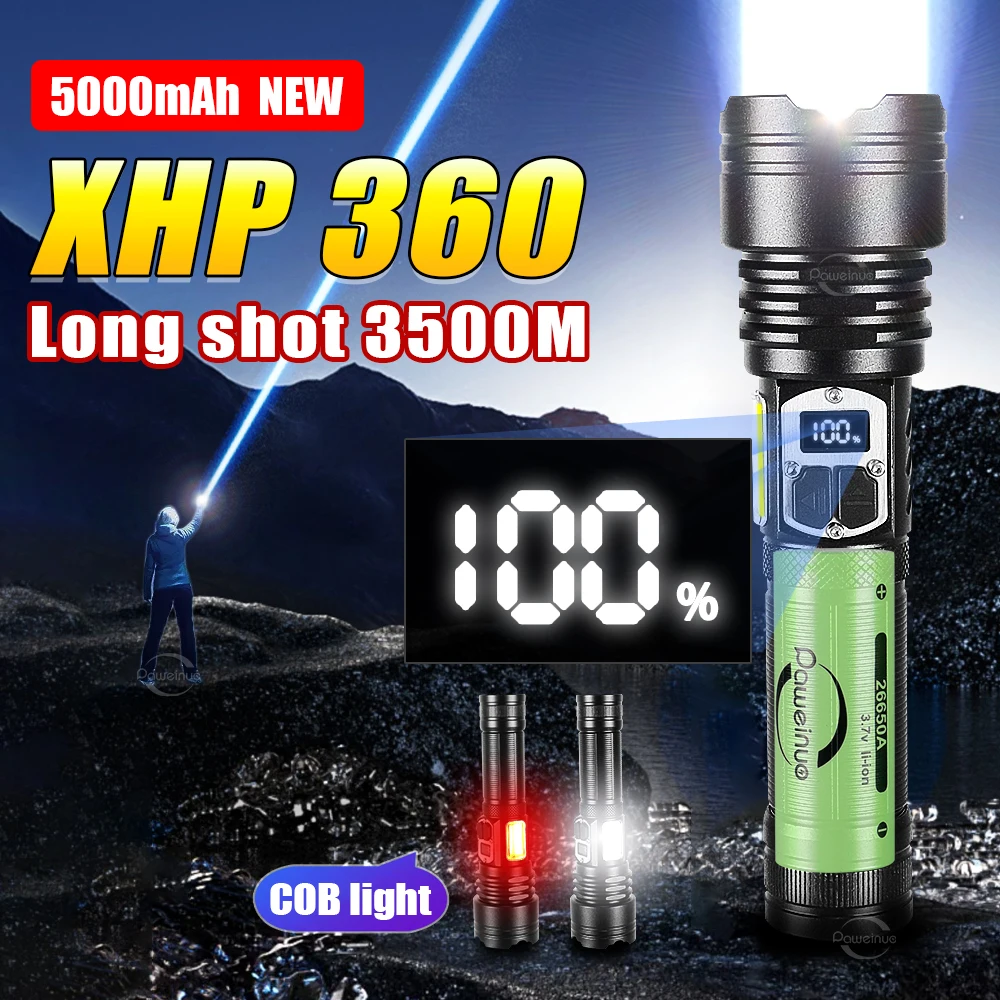 New Most Powerful XHP360 COB Flashlight USB Rechargeable Torch High Power Zoom LED Flashlights 3500M Long Range Tactical Lantern