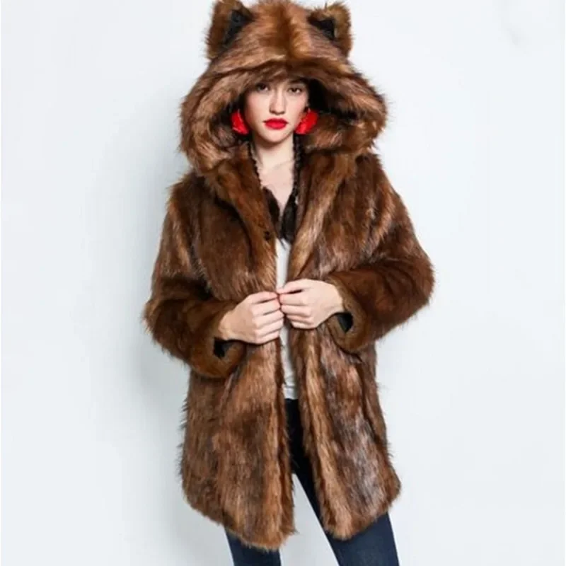 Autumn and Winter Fur Coat Women's Long Faux Fur Coat Fox Fur Collar Rabbit Fur Coat