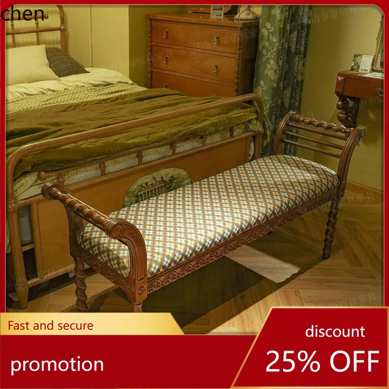 HT Vintage Shoe Changing Bench Solid Wood Bedside Wooden Household Long Bench