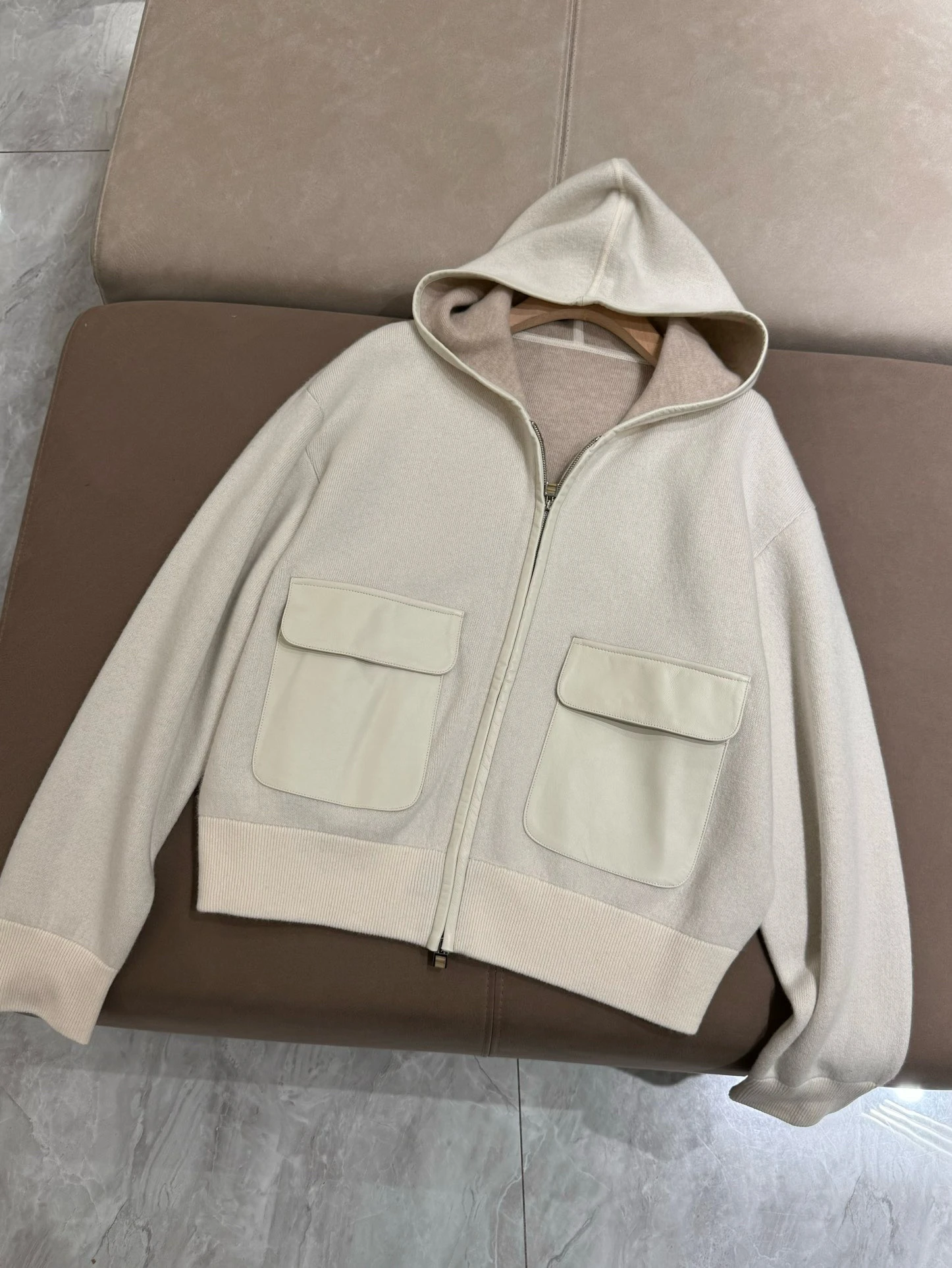 Autumn Winter 2024 Women\'s Cashmere Hooded Loose Jacket Sheepskin Pocket Zippered Loose Coat
