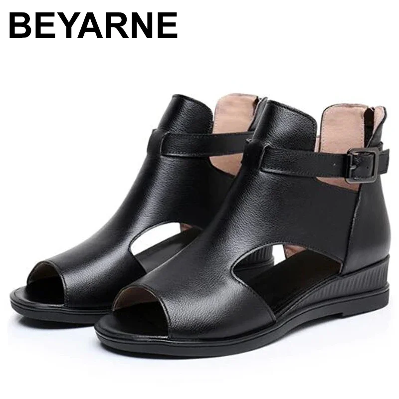 Premium Cowhide Mesh Breathable Summer Boots Women Leather Sandals Large Size Elegant Fashion Sandals Wedges Flat