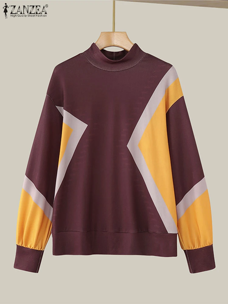 

ZANZEA футболки больших размеров женские элегантные трикотажные футболки с высоким воротником повседневные модные свободные лоскутные туники с длинными рукавами и цветными блоками