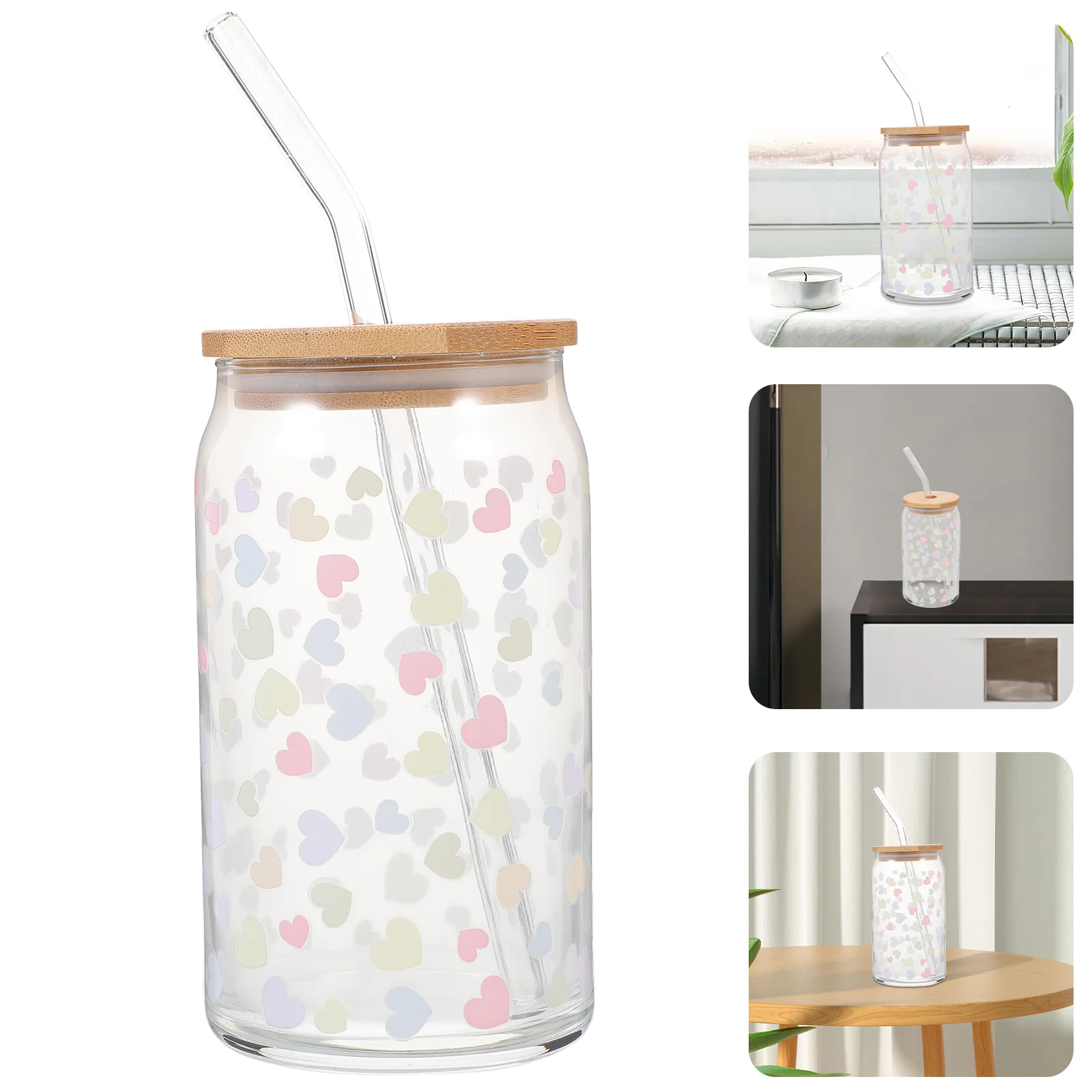 

1Set Color Changing Glass Cup Heart Pattern Cold Sensitive Lid Straw Coffee Tea Juice Drinkware Home Bar Office Party Use