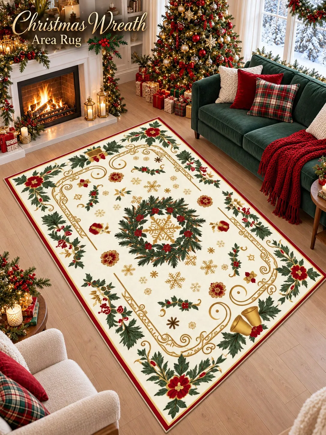 Christmas Rug Wreath Bell Holly Scrollwork Floor Decor Carpet Living Room Bedroom Dining Area Entryway Apartment Cabin Winter Home Accent Beside Sofa Armchair Housewarming Birthday Gift for Parents Neighbors Sisters Friends Holiday Celebrations