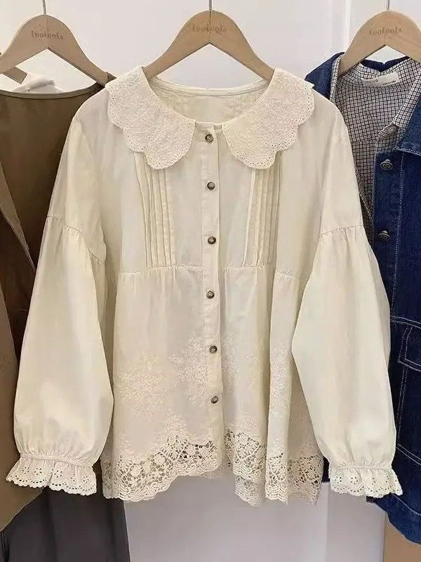Plus Size Dames Irt Geborduurd Kant Uitgehold Lange Sve Princ Kraag Lente Herfst Loose Fit Afslanken Casual Top