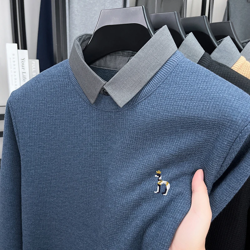 Luxury Quality Men's Knitted Sweater Fake Two-Piece Cartoon Dog Embroid Long Sleeve Winter Shirt Collar Business Casual Menswear