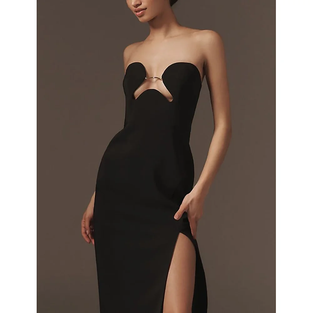 

Sexy Cut-out Sleeveless Side Slit Ankle-Length Evening Dresses Simple Black Banquet Cocktail Party Dresses