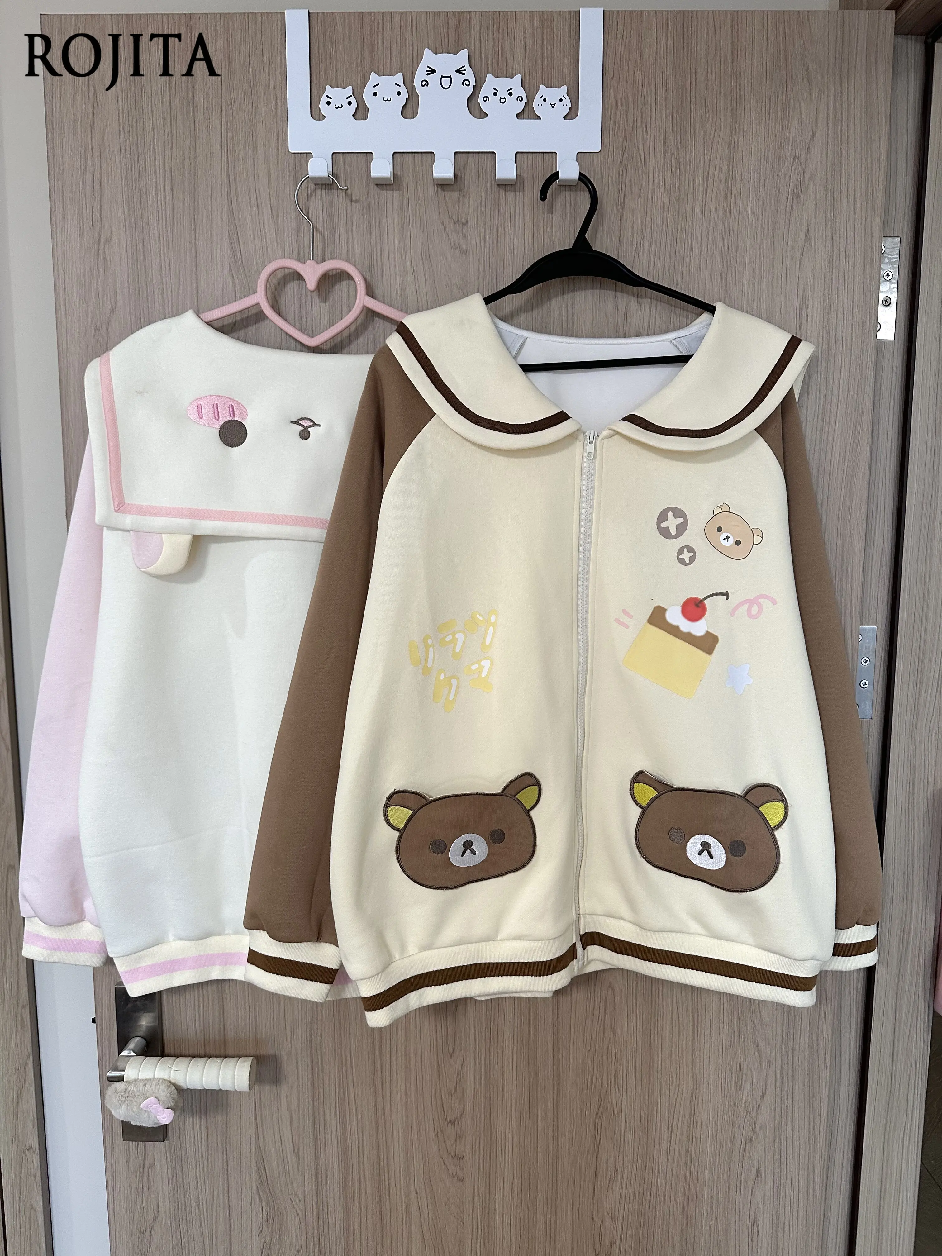 

Japanese Style Soft Girl Home Cute Bear Ears Doll Collar Zipper Outwear Loose Jackets for Women 2026 Spring New Mid-lengtth Coat